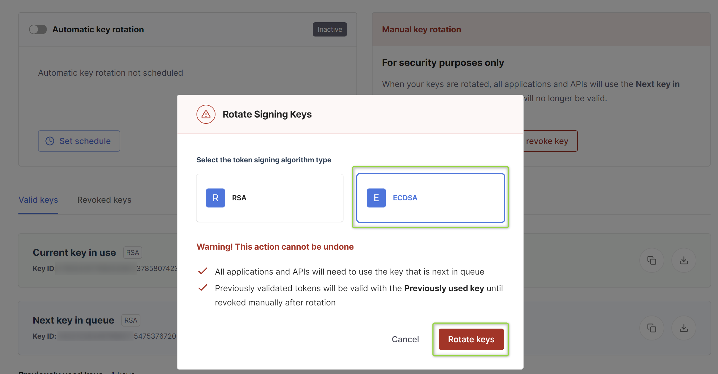 The Rotate Signing Keys confirmation dialog, with RSA and ECDSA algorithm options, a warning that the action cannot be undone, and a Rotate keys button.