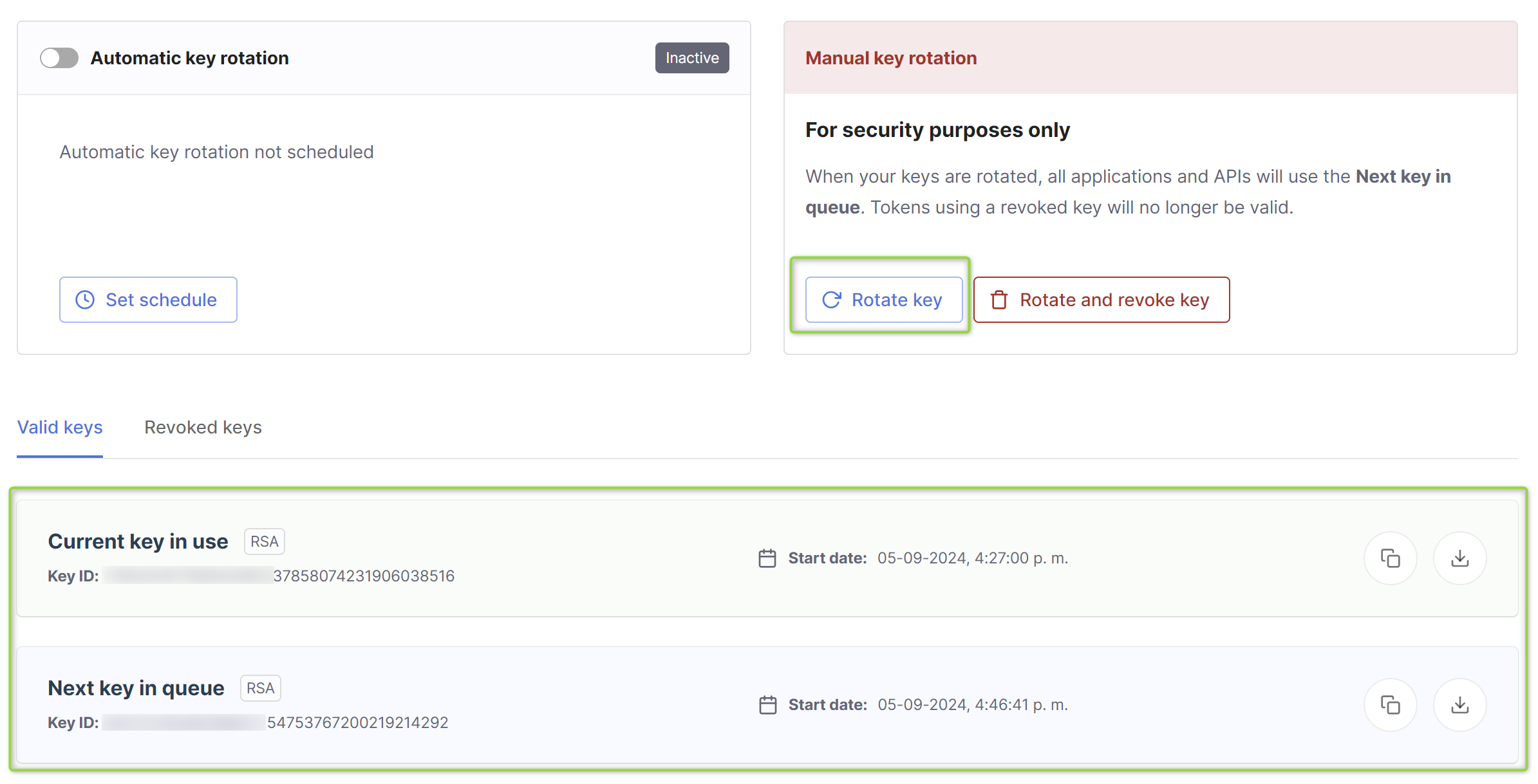 The Signing key rotation settings panel for a CloudEntity Workspace, showing Automatic key rotation as Inactive and a Manual key rotation panel with Rotate key and Rotate and revoke key buttons, plus the current and next-in-queue valid keys.