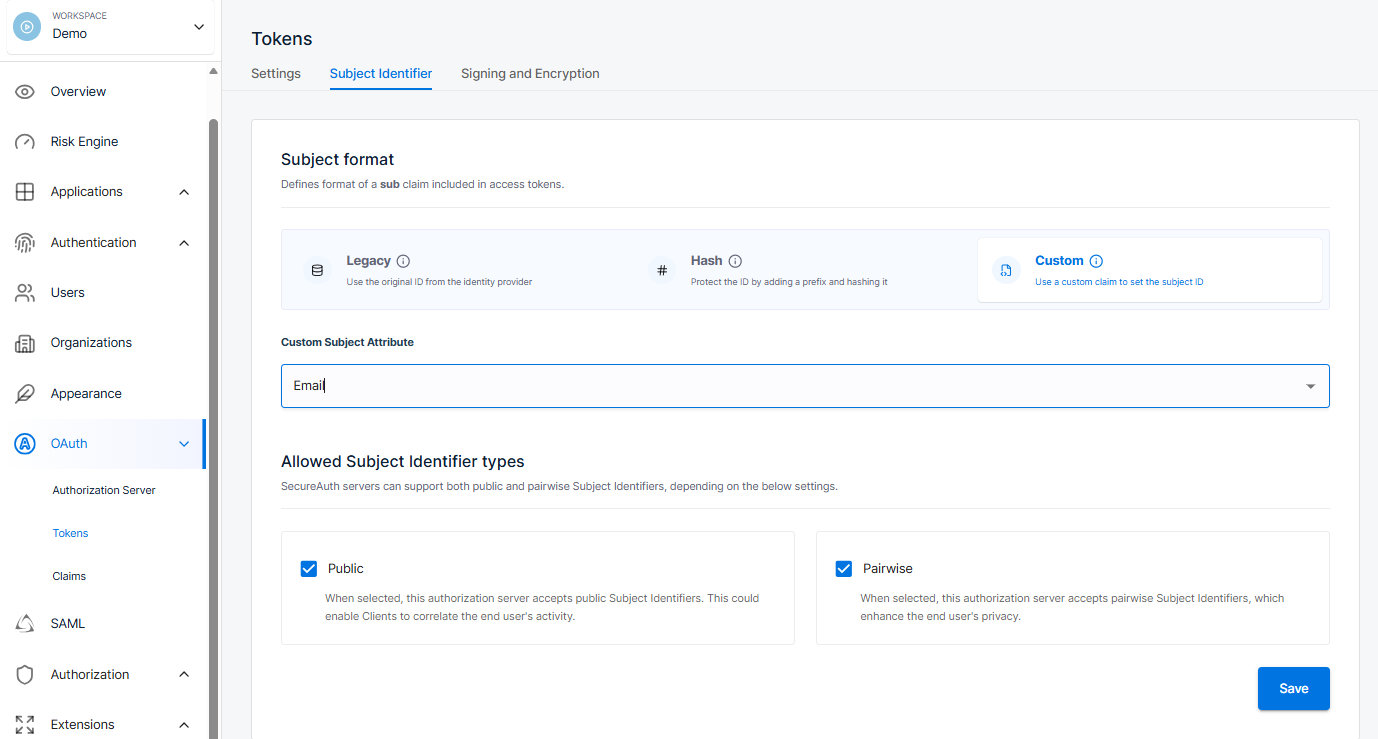 The Tokens page's Subject Identifier tab in a CloudEntity Workspace, with Custom selected as the Subject format and Custom Subject Attribute set to Email.