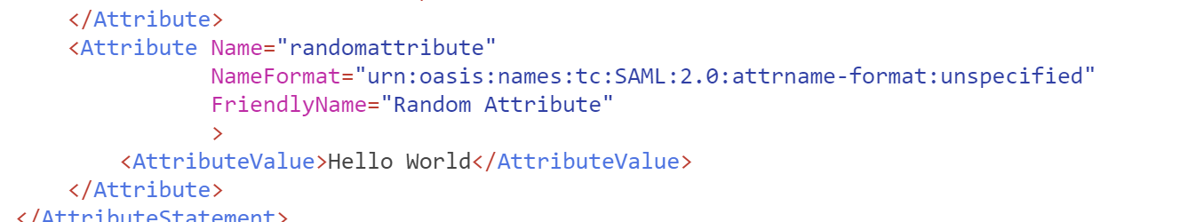 SAML trace showing the Hello World value passed as an attribute in the assertion.