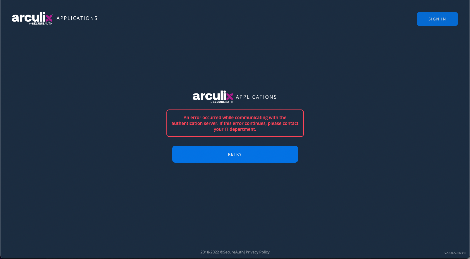 Login screen showing the error An error occurred while communicating with the authentication server.