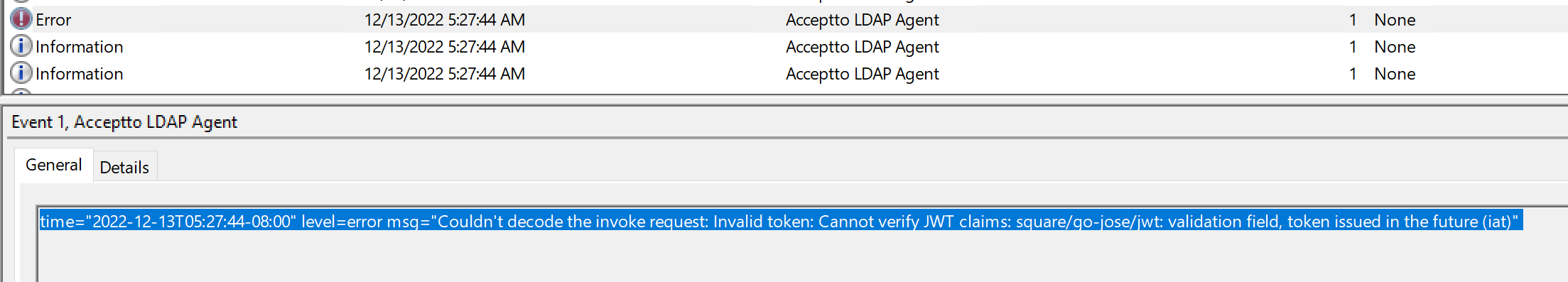 Windows Event Viewer entry on the LDAP Agent server showing the underlying error.