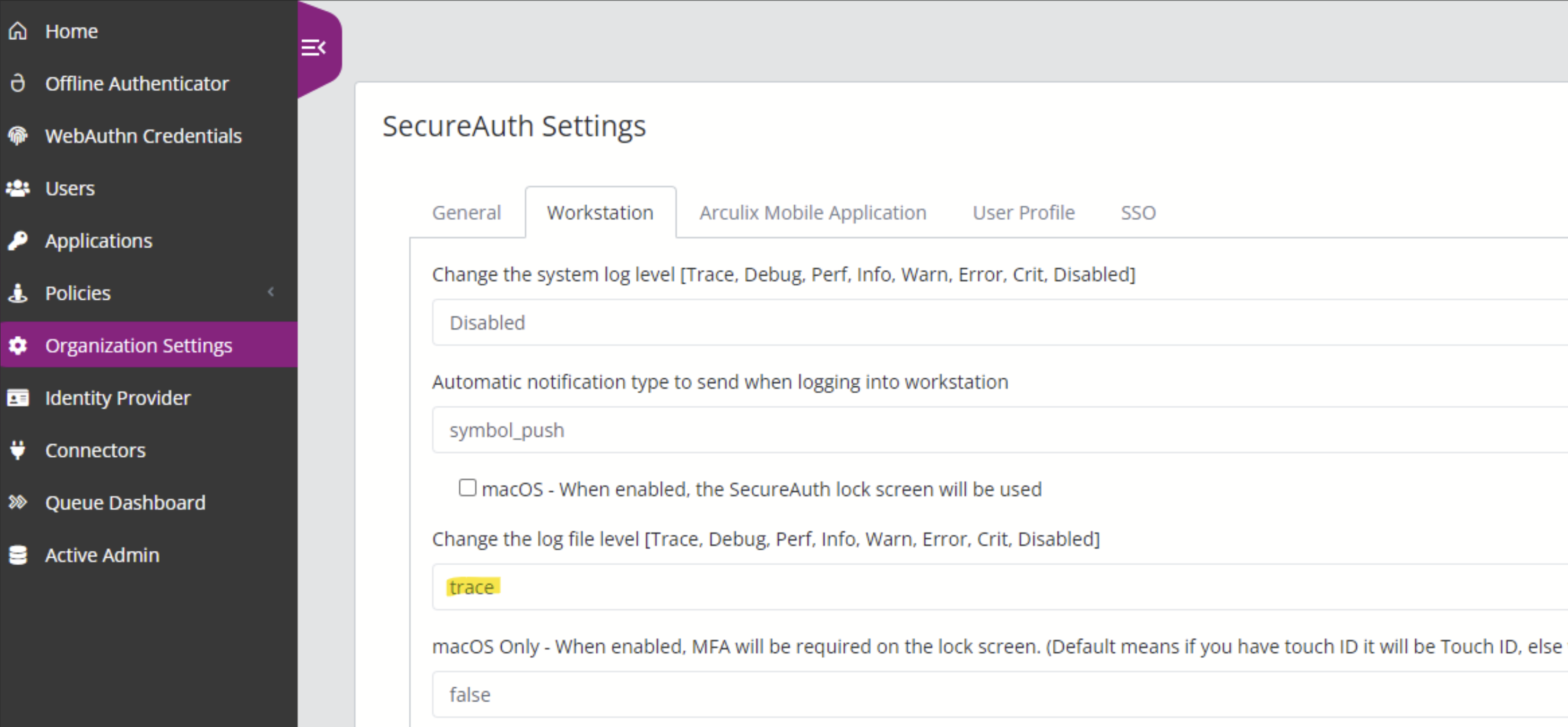 The Workstation settings tab with the log file level field set to trace.