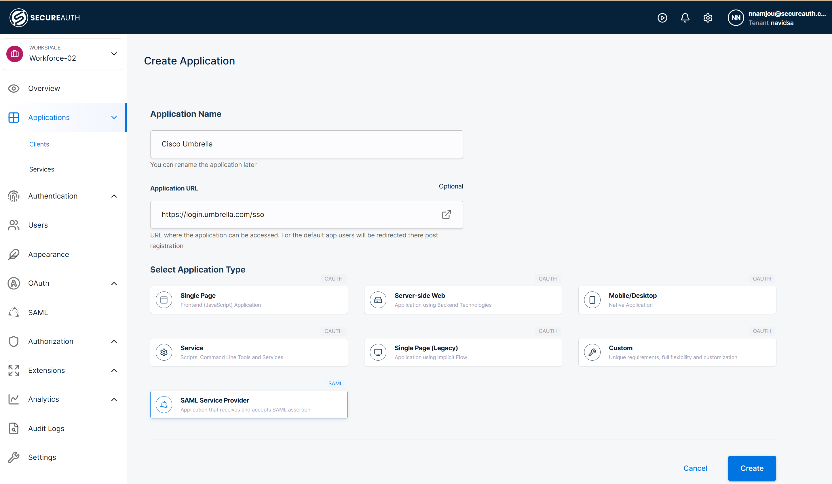 Create client form with SAML Service Provider selected.