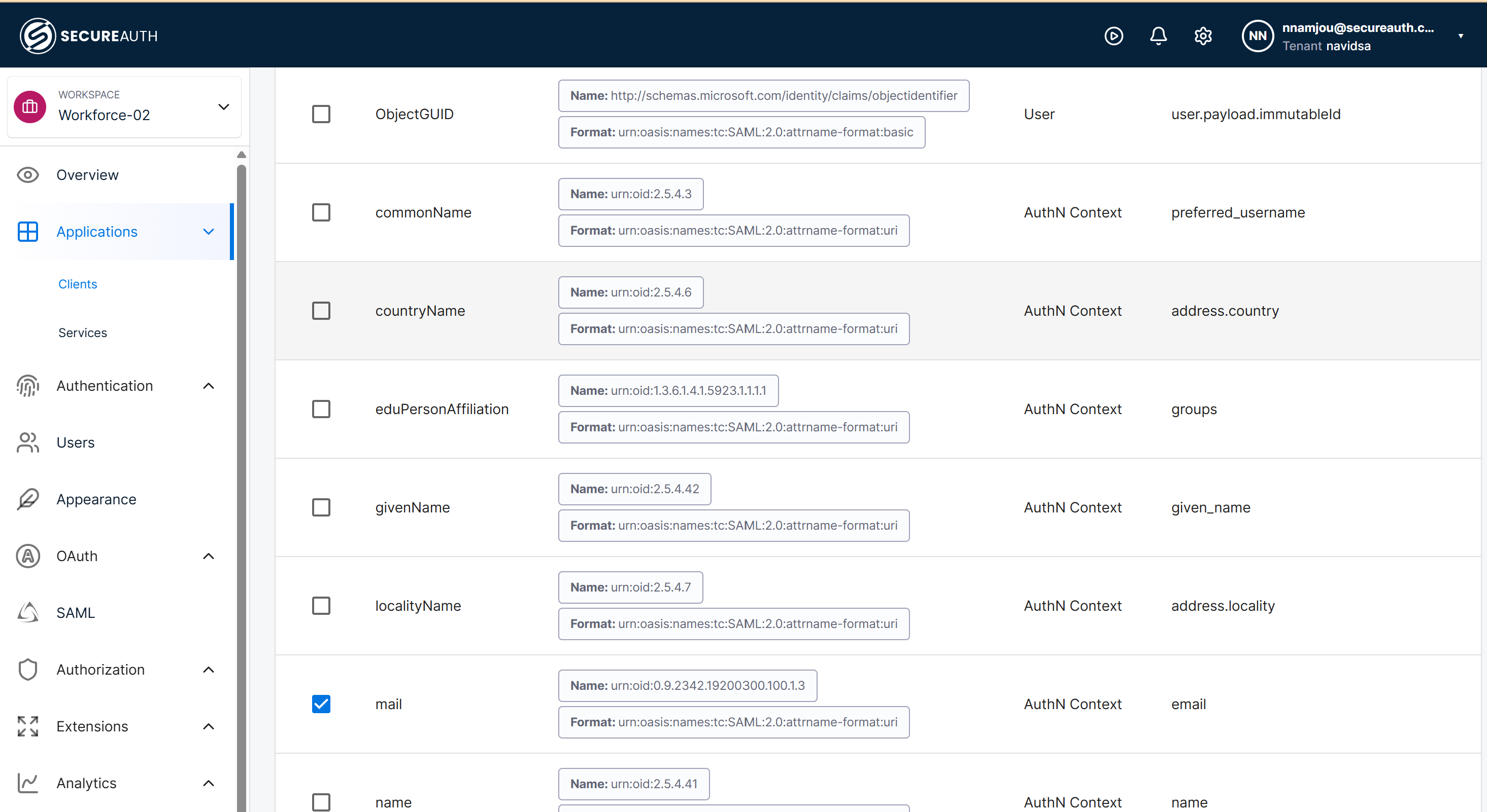 Attributes tab with the mail attribute selected.