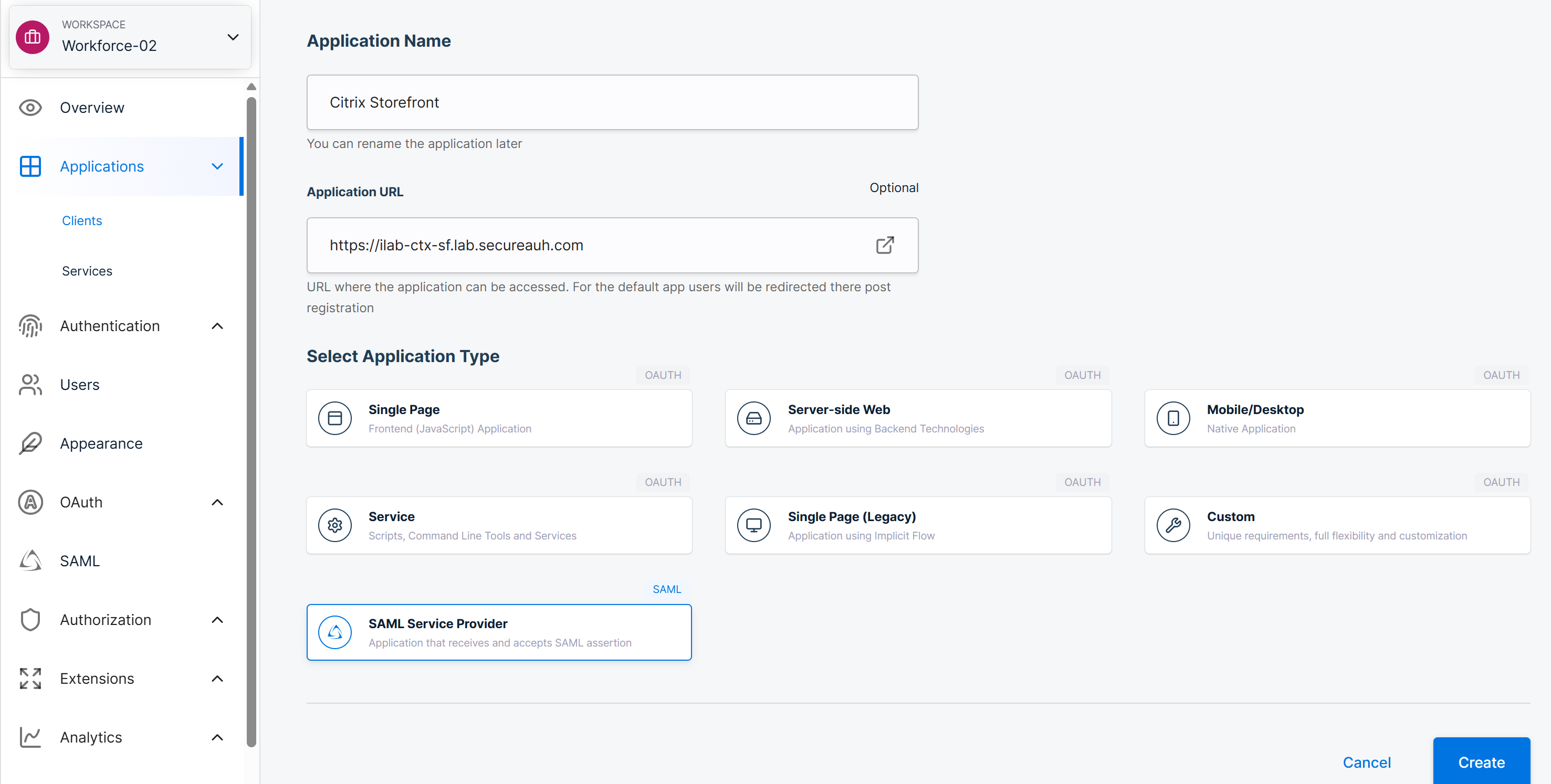 The Create Client form with a name and Application URL entered and SAML Service Provider selected as the application type.