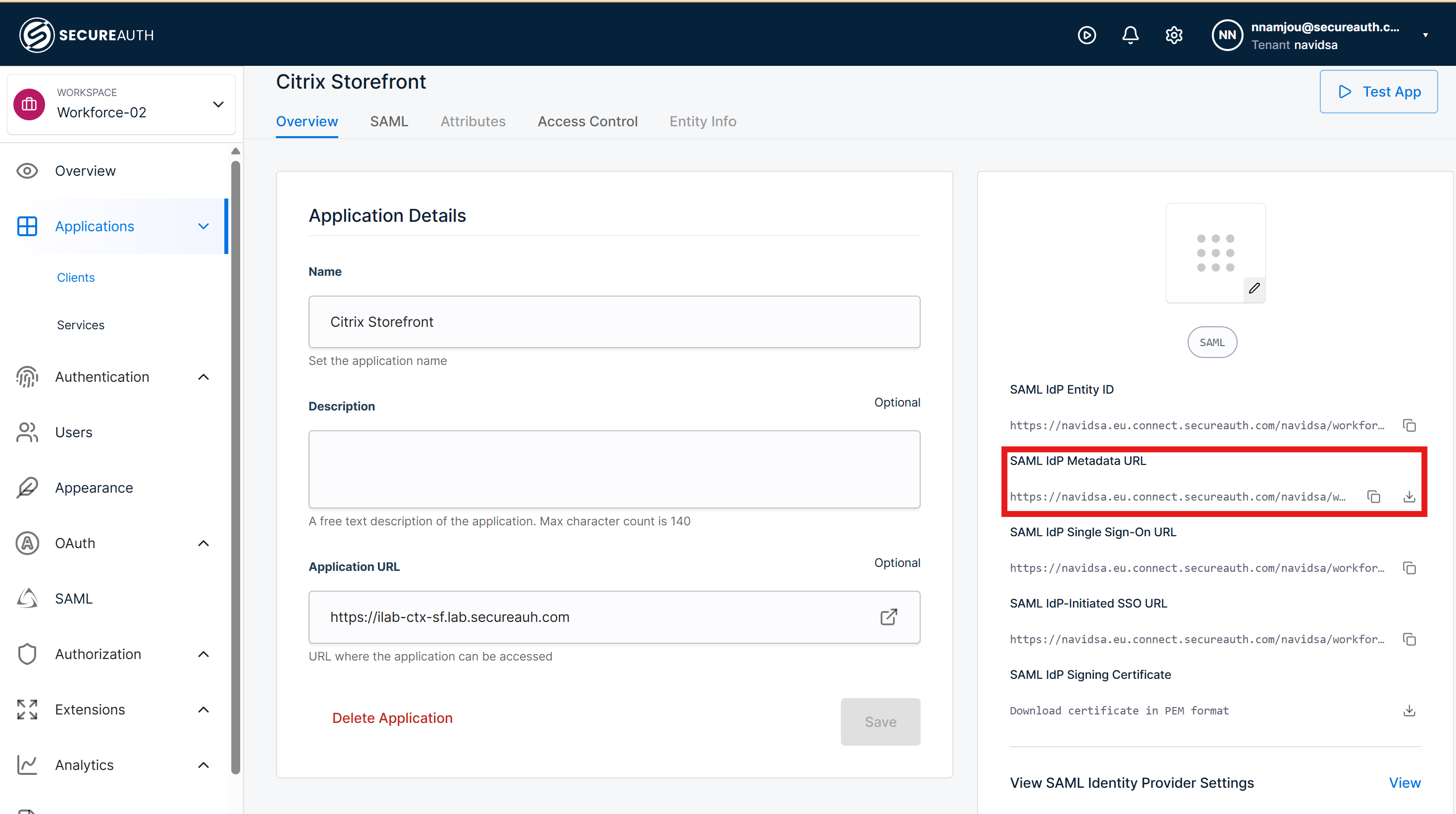 The newly created SAML client application page with the option to download SAML Metadata.