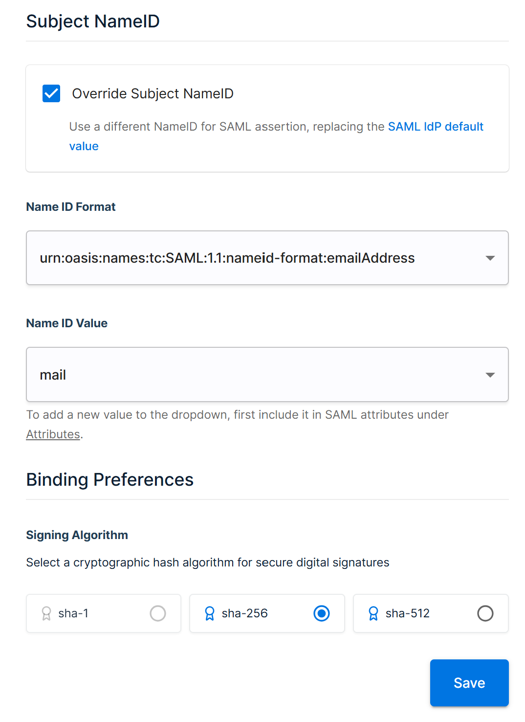 The SAML tab Subject NameID section with Override Subject NameID enabled, Name ID Format set to the emailAddress URN, and Name ID Value set to mail.