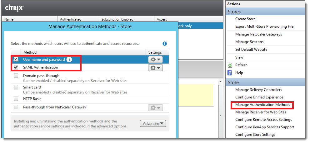 The Manage Authentication Methods dialog with SAML Authentication checked alongside Username and password.