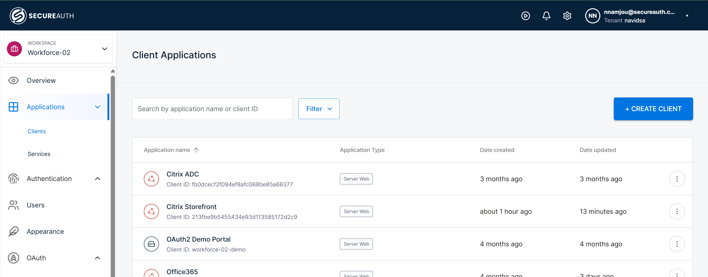 SecureAuth Connect Applications menu with Clients and Create client options.