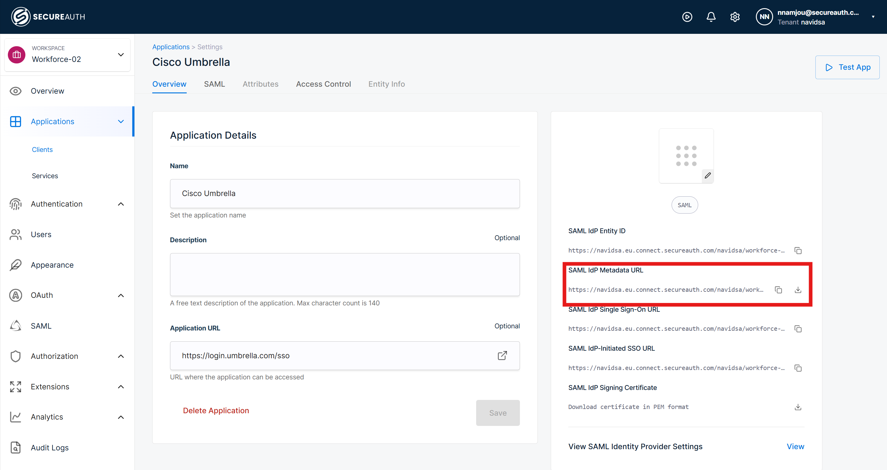 Client configuration page with the SAML Metadata download option.