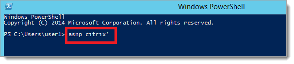 An elevated PowerShell window with the asnp citrix* command entered.