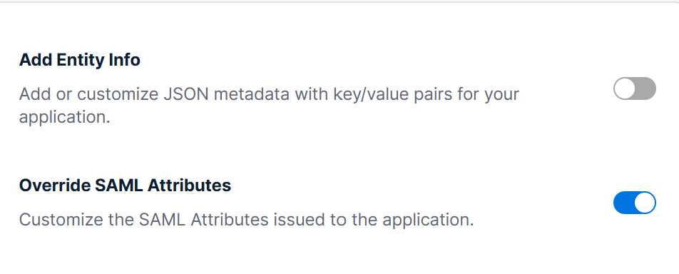 The Override SAML Attributes toggle enabled on the client application.