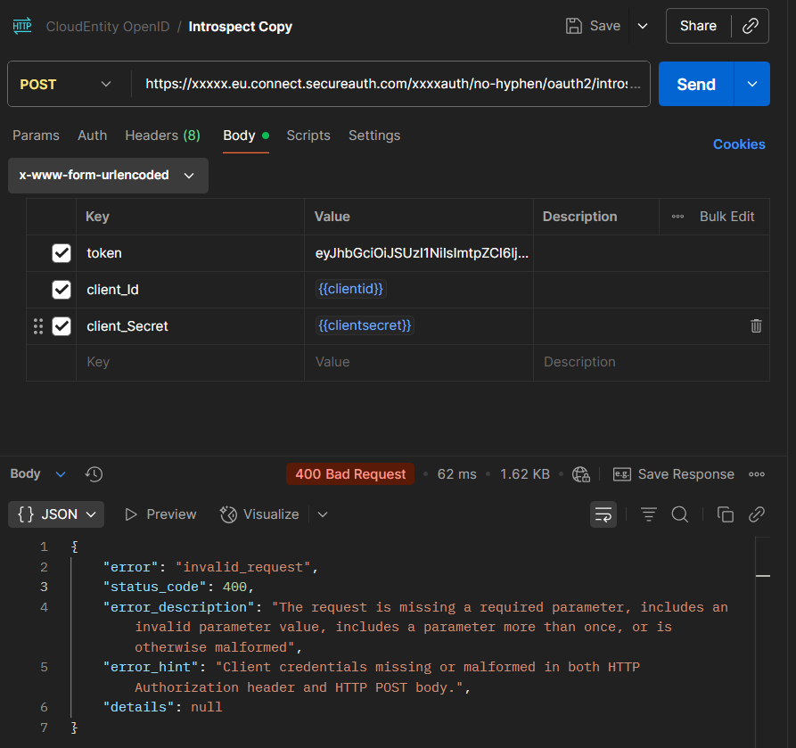 A Postman request to a SecureAuth Connect OpenID introspect endpoint, sending client_Id and client_Secret in the request body, returning a 400 Bad Request with error invalid_request.