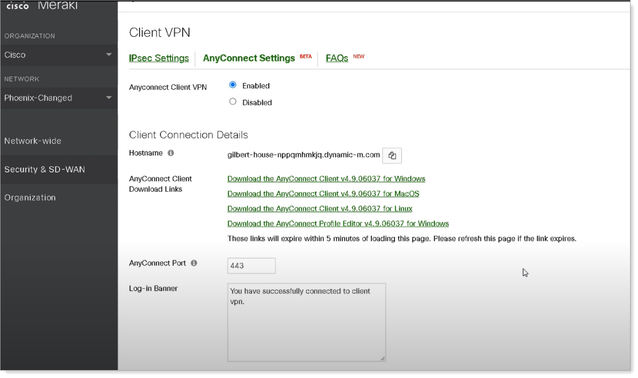 The AnyConnect Client VPN setting switched to Enabled.