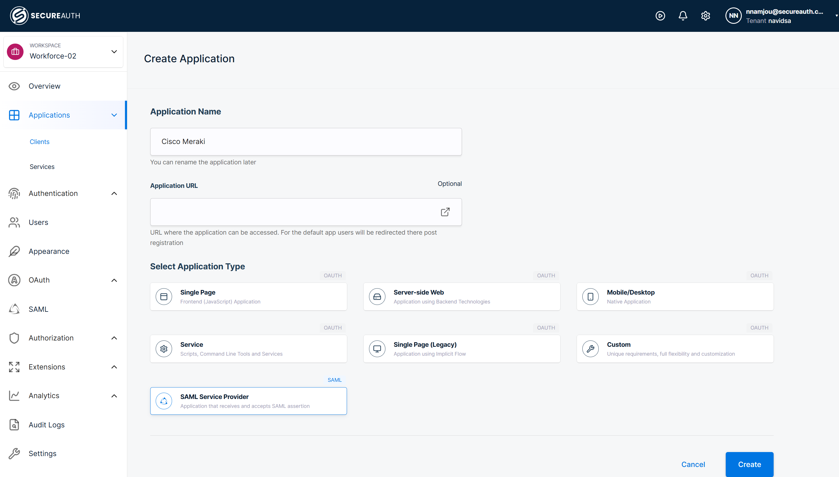 The Create Client form with a name entered and SAML Service Provider selected as the application type.