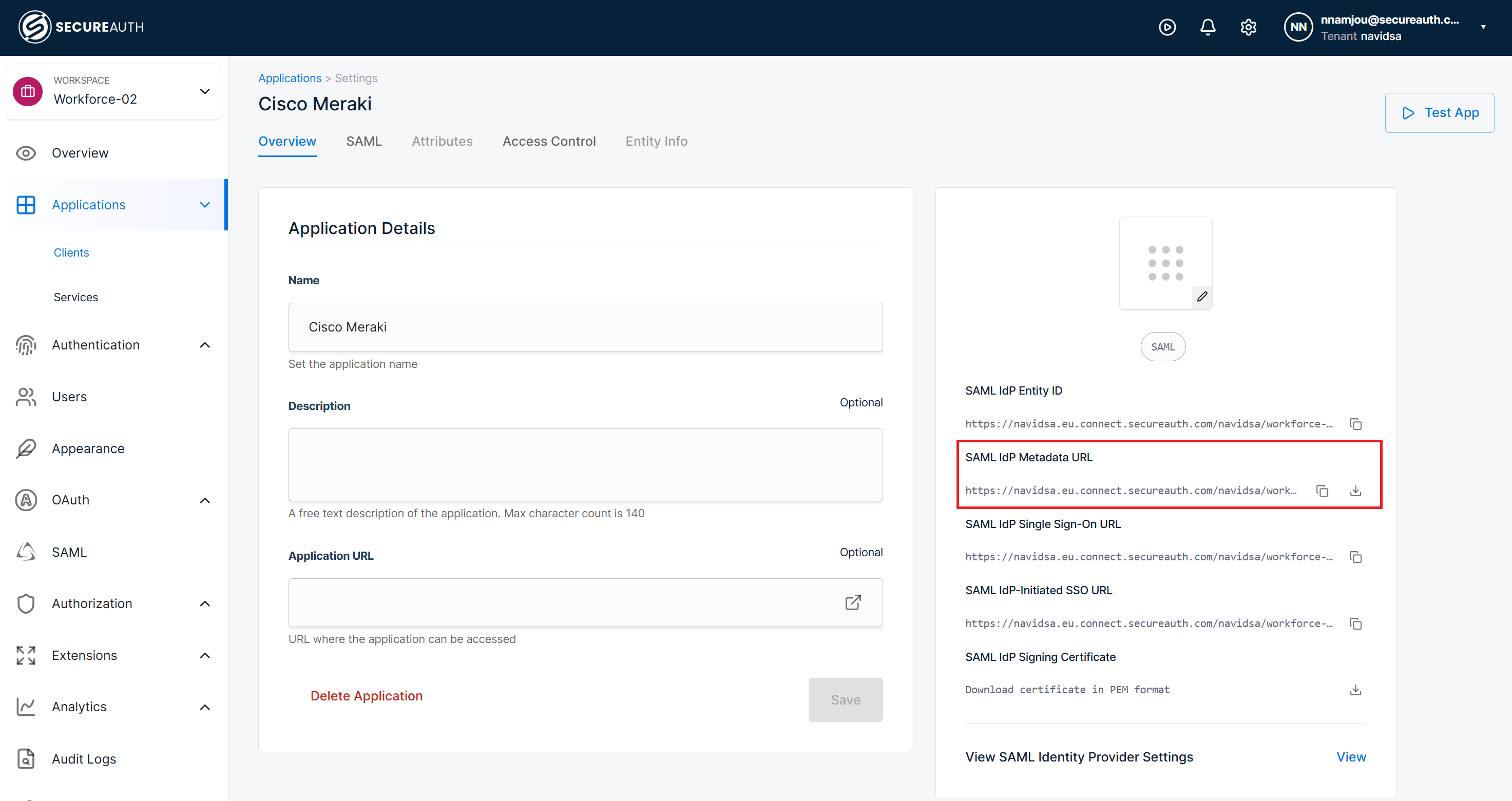 The newly created SAML client application page with the option to download SAML Metadata.