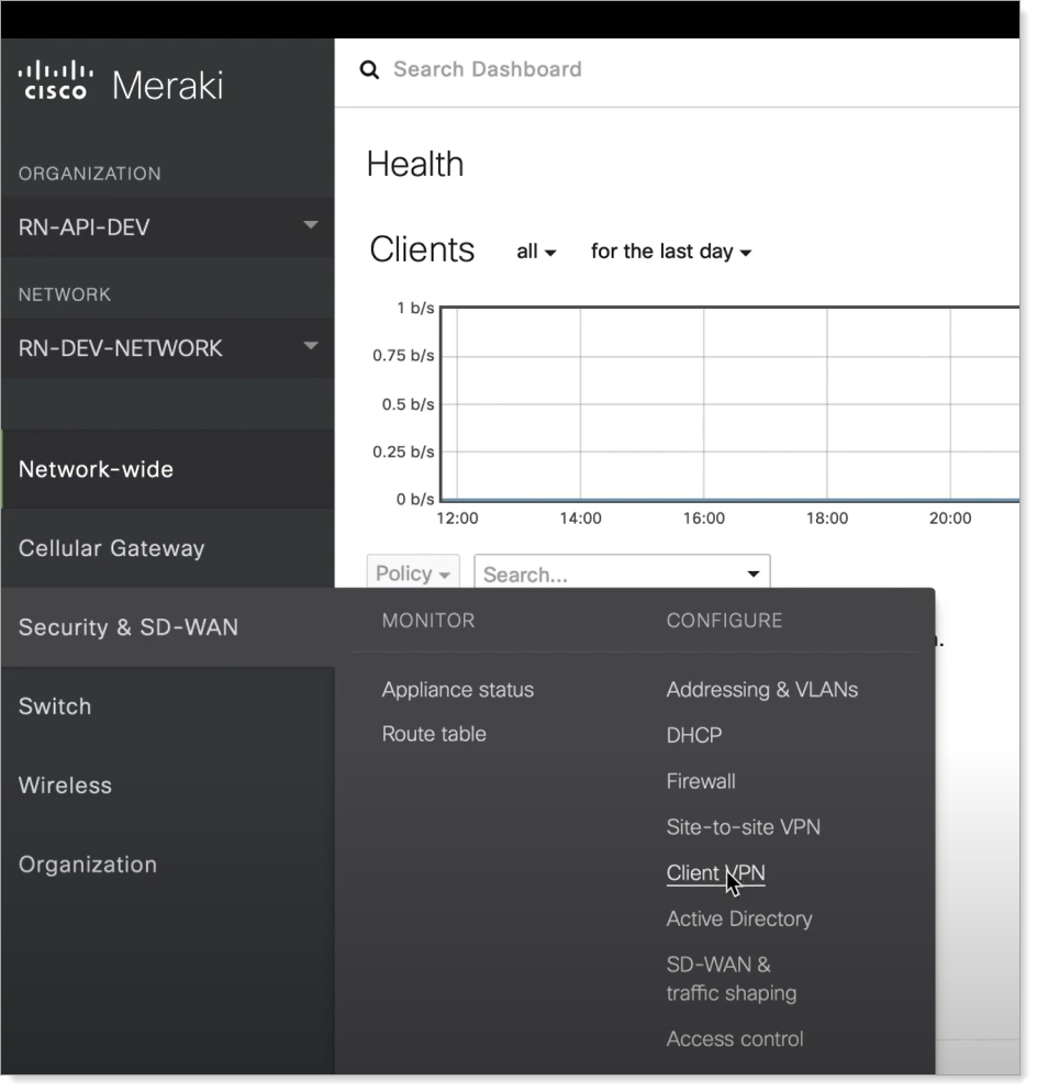 The Cisco Meraki dashboard navigation menu with Security and SD-WAN expanded and Client VPN highlighted.