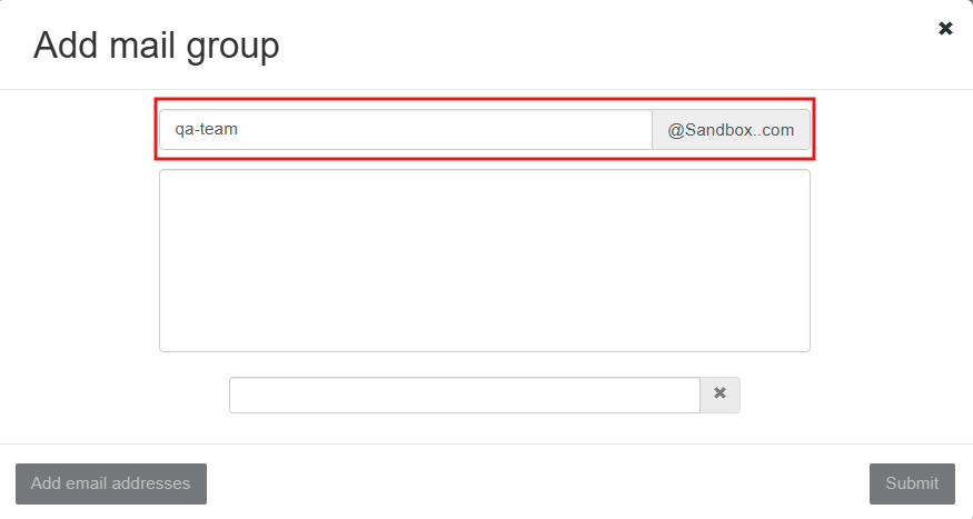 The Add Mail Group dialog with a distro name entered in the first field, which will be appended with the project's email domain.