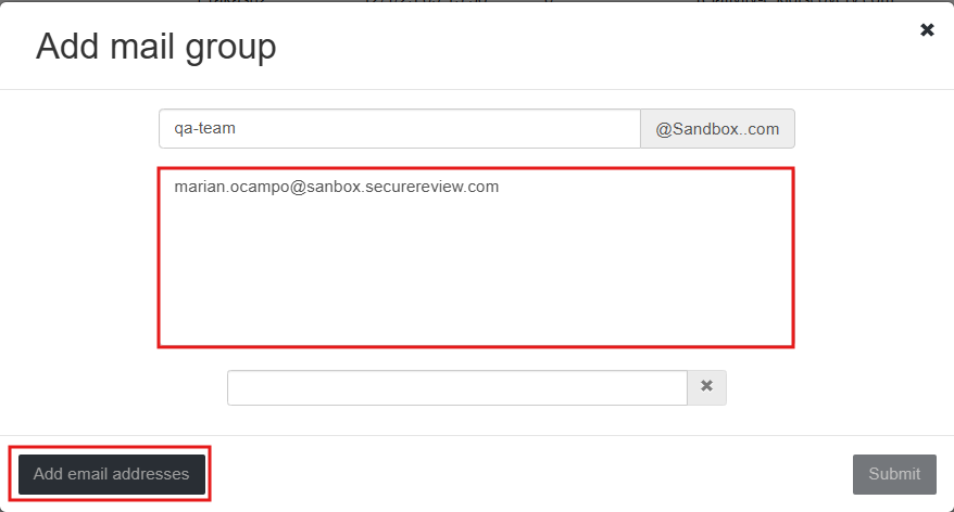 The Add Mail Group dialog with a member email address entered in the second field and the Add email addresses button highlighted in red.