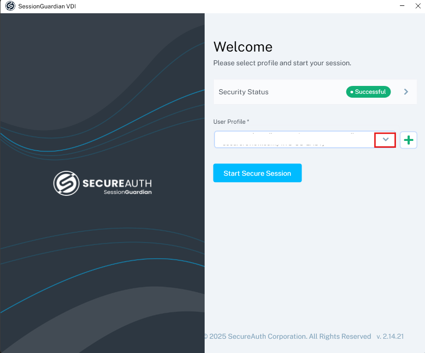 The SessionGuardian VDI welcome screen with the User Profile dropdown arrow highlighted in red.