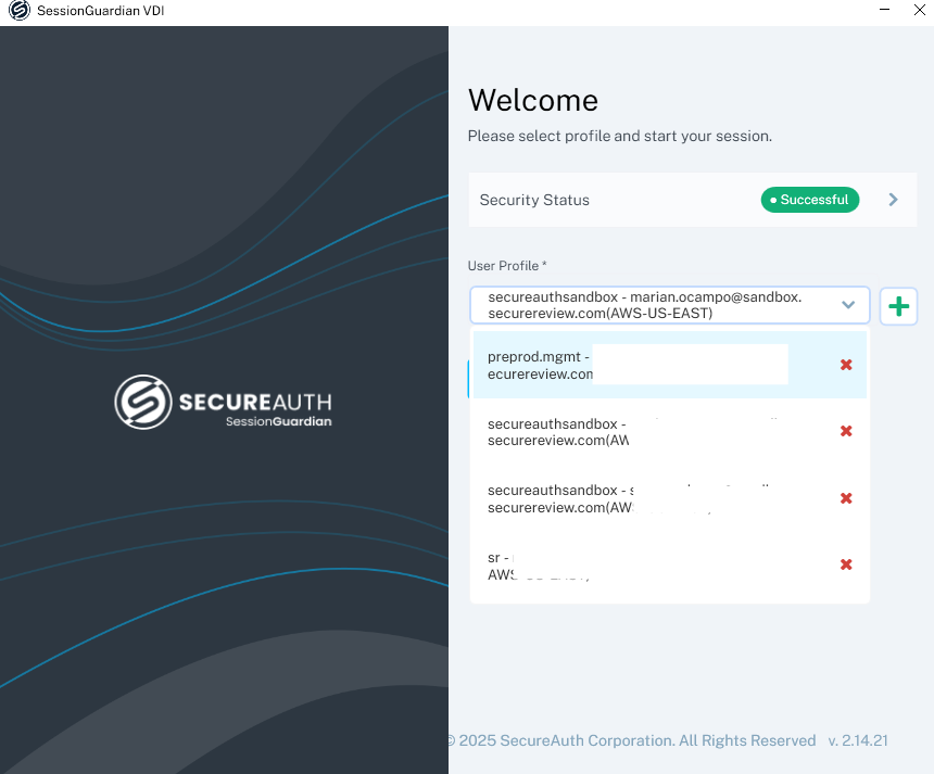 The User Profile dropdown expanded, showing a list of available profiles to choose from.