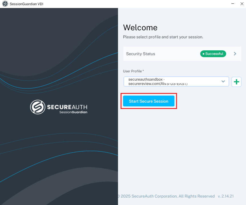 The SessionGuardian VDI welcome screen with a profile selected and the Start Secure Session button highlighted in red.