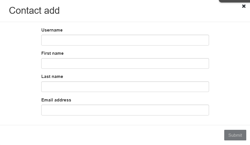 The Contact add dialog with empty Username, First name, Last name, and Email address fields.