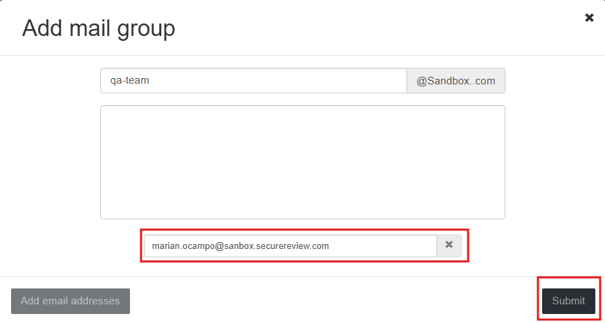 The Add Mail Group dialog with a member email address added to the list and the Submit button highlighted in red.
