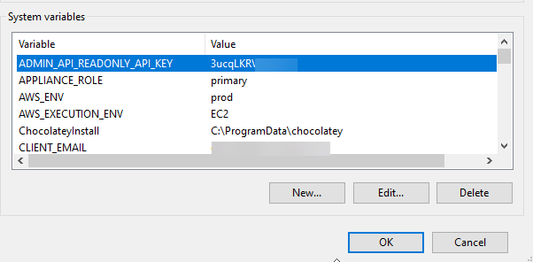 Windows System Variables dialog with ADMIN_API_READONLY_API_KEY listed alongside other system variables such as APPLIANCE_ROLE and AWS_ENV.