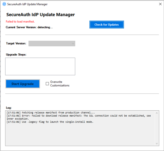 SecureAuth IdP Update Manager window showing Failed to load manifest in red text under Current Server Version.