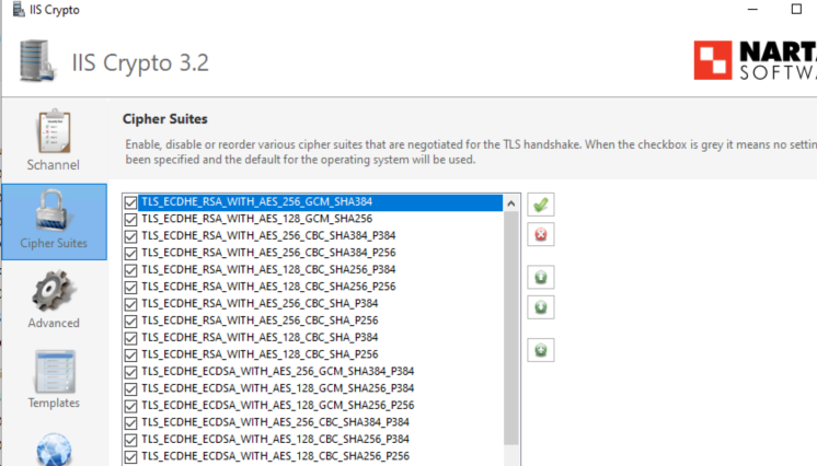 IIS Crypto Cipher Suites tab with TLS_ECDHE_RSA_WITH_AES_256_GCM_SHA384 selected and enabled.