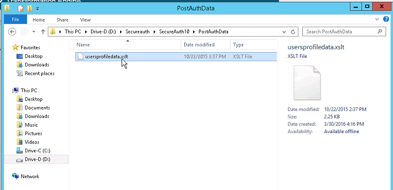 File Explorer showing the realm's own PostAuthData folder, containing usersprofiledata.xslt.