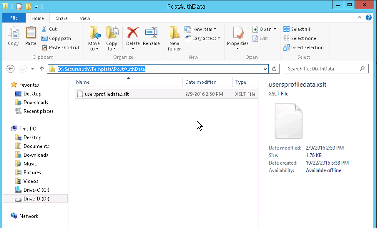 File Explorer showing the stock Template PostAuthData folder, containing the original usersprofiledata.xslt.