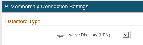 Membership Connection Settings section, with Datastore Type set to Active Directory (UPN).