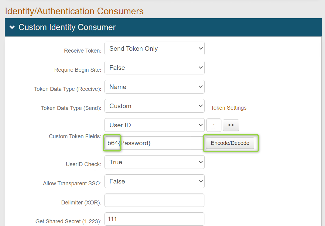 The Custom Identity Consumer configuration page, with the Custom Token Fields value set to b64{Password} and the Encode/Decode button highlighted.
