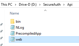 File Explorer showing the SecureAuth Api folder's contents, with the web subfolder (containing web.config) highlighted.