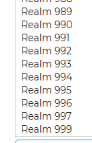 The New Experience realm-creation dropdown after the fix, listing realm numbers up through Realm 999.