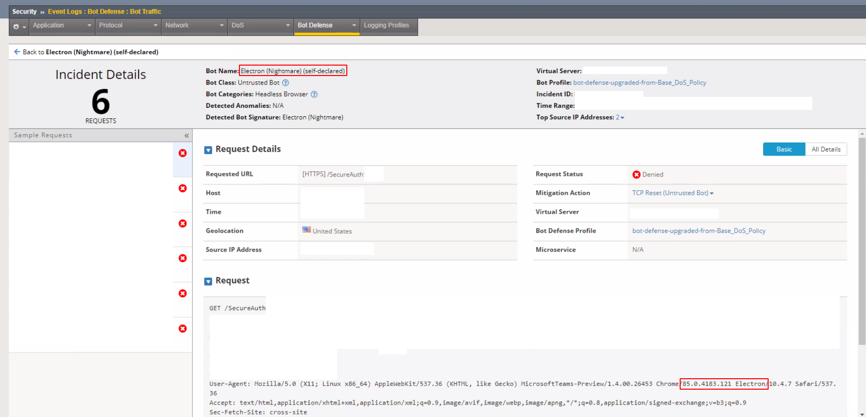 An F5 BIG-IP Bot Defense incident log entry showing a request denied with a TCP Reset mitigation action, with the detected bot signature "Electron (Nightmare)" and the User-Agent string's Electron component highlighted.