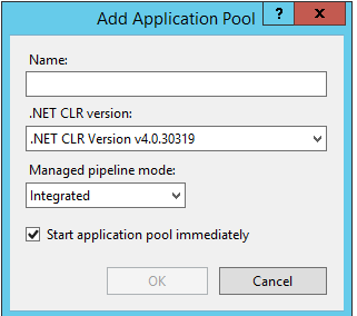 The Add Application Pool dialog, with fields for Name, .NET CLR version, and Managed pipeline mode.