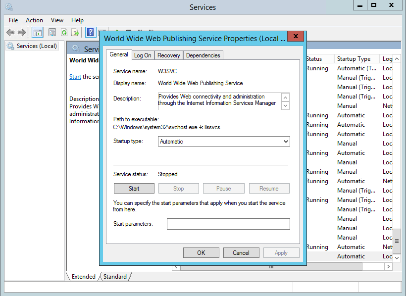 Windows Services console with the World Wide Web Publishing Service Properties dialog open, showing Service status: Stopped.
