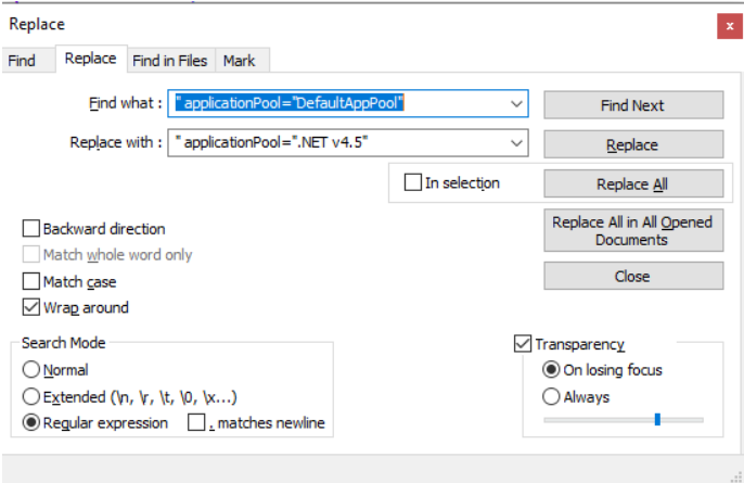 Replace dialog in a text editor, with Find what set to applicationPool="DefaultAppPool" and Replace with set to a different pool name.