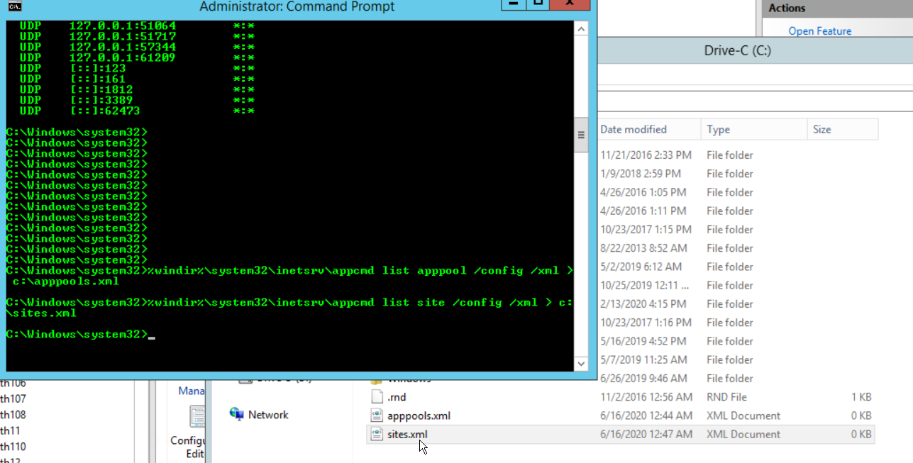 The same command prompt after also exporting the site configuration to sites.xml, with both exported files now visible in File Explorer.