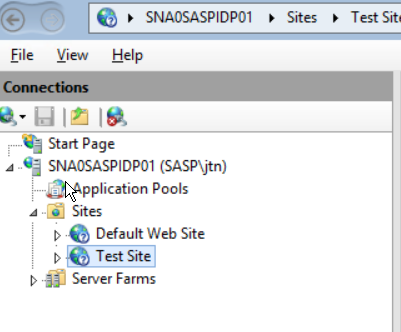 IIS Manager's Sites list on the target server, showing the newly imported site alongside the original Default Web Site before the original is removed and the imported one is renamed.
