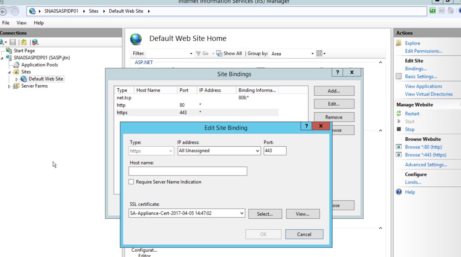 IIS Manager's Site Bindings dialog for the renamed site, with the SSL certificate for its https binding being reselected.