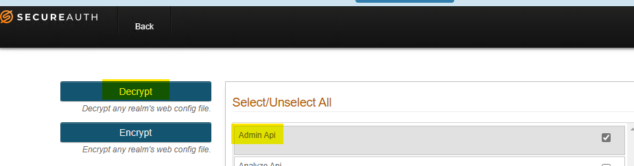 SecureAuth Admin Console's Decrypt Web Config page, with the Decrypt button and the Admin Api checkbox both highlighted.