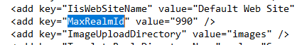 A web.config excerpt with the MaxRealmId key highlighted, set to a value of 990.