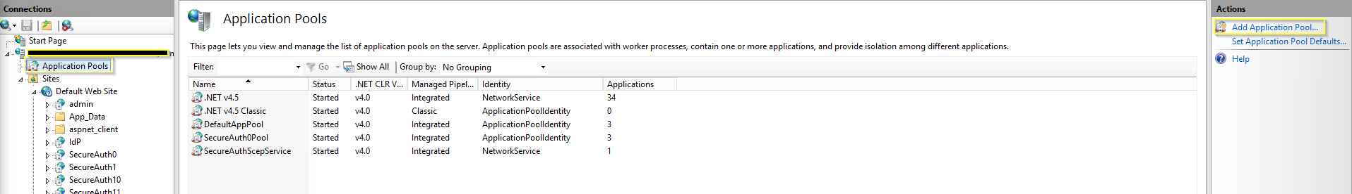 IIS Manager's Application Pools page, with Add Application Pool highlighted in the Actions pane.