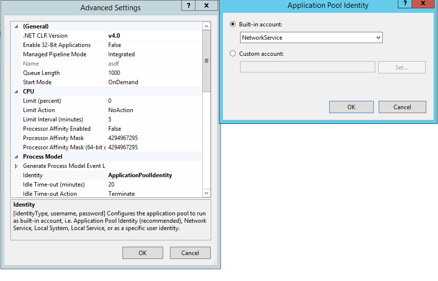 The Advanced Settings dialog with Identity highlighted, and the Application Pool Identity dialog showing NetworkService selected as the built-in account.