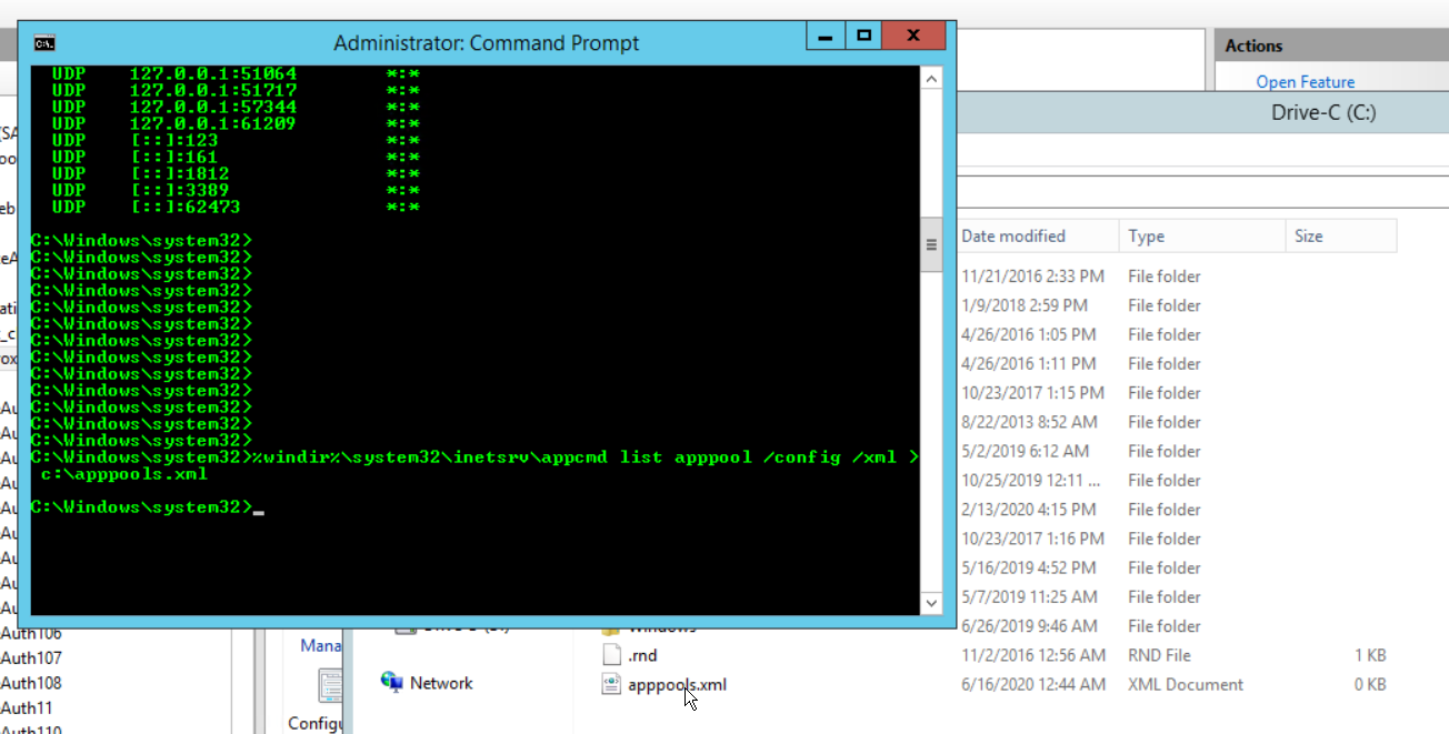 A command prompt after running the appcmd command to export the server's Application Pools to apppools.xml, with the resulting file visible in File Explorer.